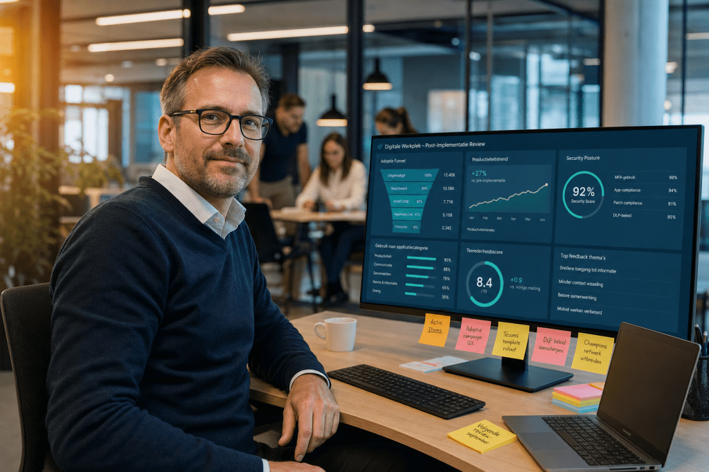 Hoe meet je het succes van een digitale werkplek na de implementatie (adoptie, productiviteit en security) met concrete KPI’s en dashboards?